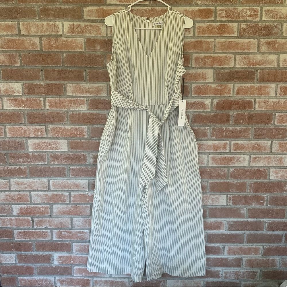 Calvin Klein Wide Leg Jumpsuit NEW Women’s 10 White Black Striped Belted